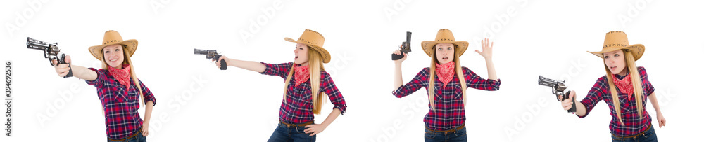 Cowgirl woman with gun isolated on white Cowgirl woman with gun isolated on white