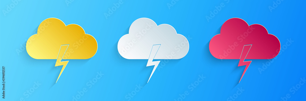 Paper cut Storm icon isolated on blue background. Cloud and lightning sign. Weather icon of storm. Paper art style. Vector. Paper cut Storm icon isolated on blue background. Cloud and lightning sign. Weather icon of storm. Paper art style. Vector.