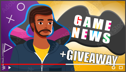 Male professional gamer tell about computer games news. Young man blogger creating content about his hobby and posting it on social media. Screensaver of online video tutorial vector illustration