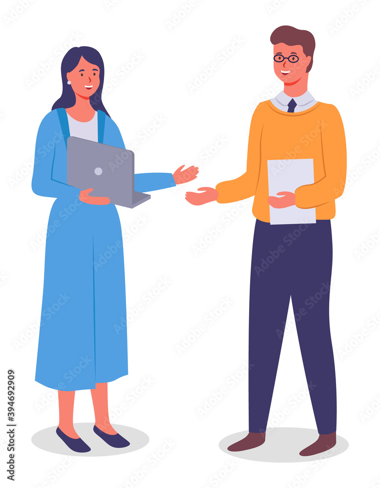 Business people man and woman communicating standing on white background. Smiling friendly colleagues wearing formal clothes vector flat design. Office staff meeting, appointment of business partners Business people man and woman communicating standing on white background. Smiling friendly colleagues wearing formal clothes vector flat design. Office staff meeting, appointment of business partners