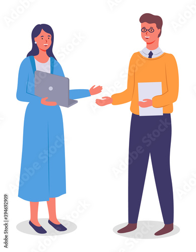 Business people man and woman communicating standing on white background. Smiling friendly colleagues wearing formal clothes vector flat design. Office staff meeting, appointment of business partners