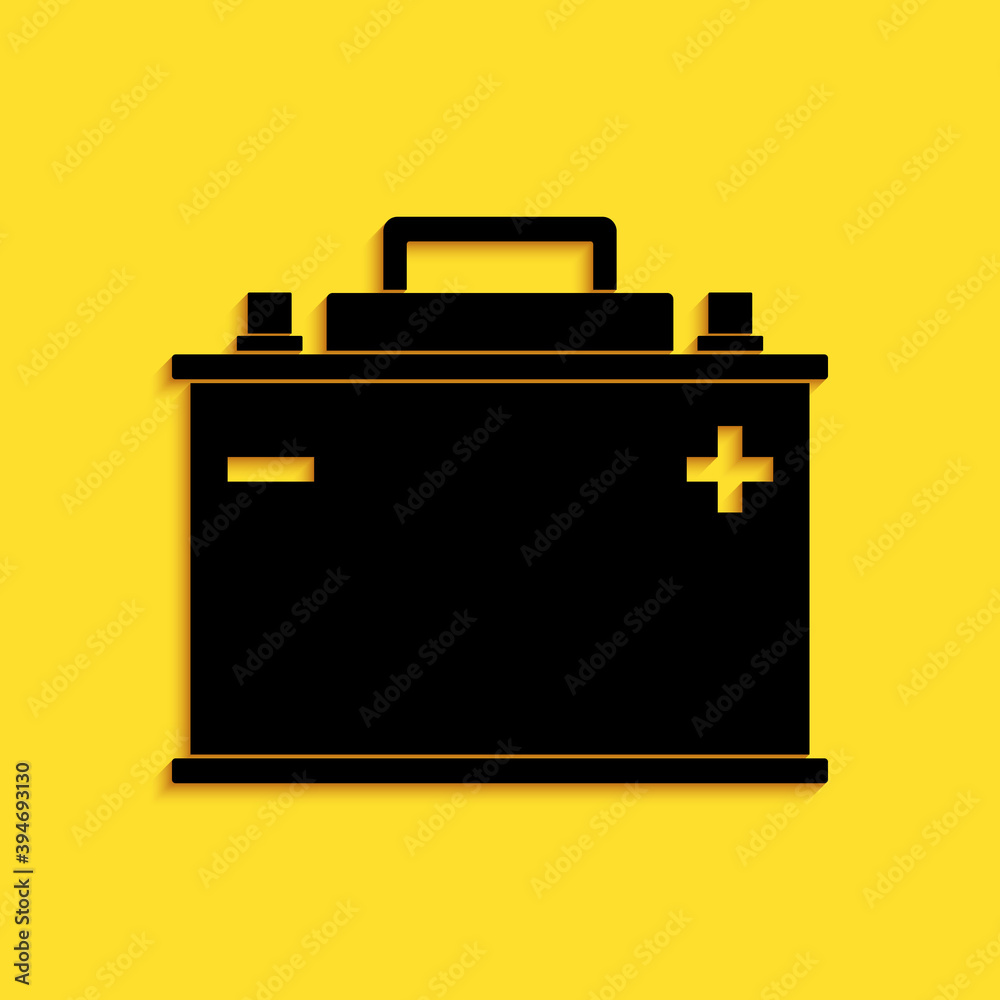 Black Car battery icon isolated on yellow background. Accumulator battery energy power and electricity accumulator battery. Long shadow style. Vector. Black Car battery icon isolated on yellow background. Accumulator battery energy power and electricity accumulator battery. Long shadow style. Vector.