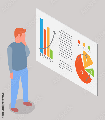 Man estimates demand indicators on presentation board with charts and graphs, marketing concept. Businessman seller watching sales statistics. The buyer analyzes the price of the goods on graph