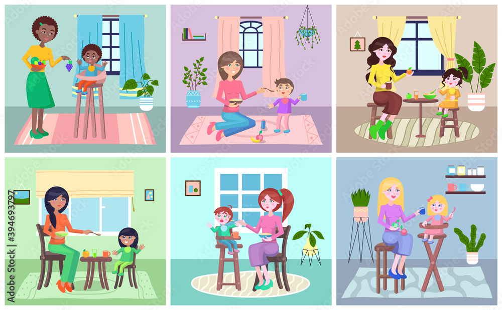 Young mother siting at home with a child, takes care of a small baby, feeding him. Self isolation, stay at home concept. Woman sitting at home with her child. Motherhood and parenting, health care Young mother siting at home with a child, takes care of a small baby, feeding him. Self isolation, stay at home concept. Woman sitting at home with her child. Motherhood and parenting, health care