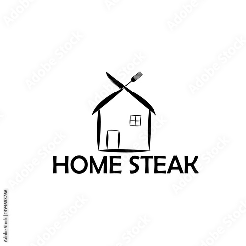 vector illustration of home steak logo design, stamp made like a house with fork roof and knife