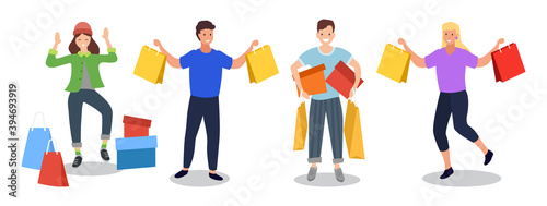 People with packages with purchases in their hands isolated on white background. Buyers are shopping. Woman in hat is dancing near containers. Young handsome guy standing and holding colorful boxes © robu_s