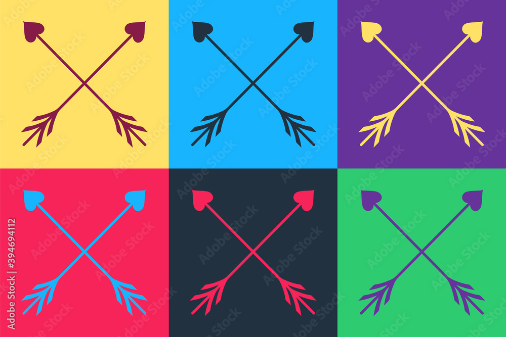 Pop art Crossed Cupid arrow heart, Valentines Day cards element icon isolated on color background. Vector. Pop art Crossed Cupid arrow heart, Valentines Day cards element icon isolated on color background. Vector.
