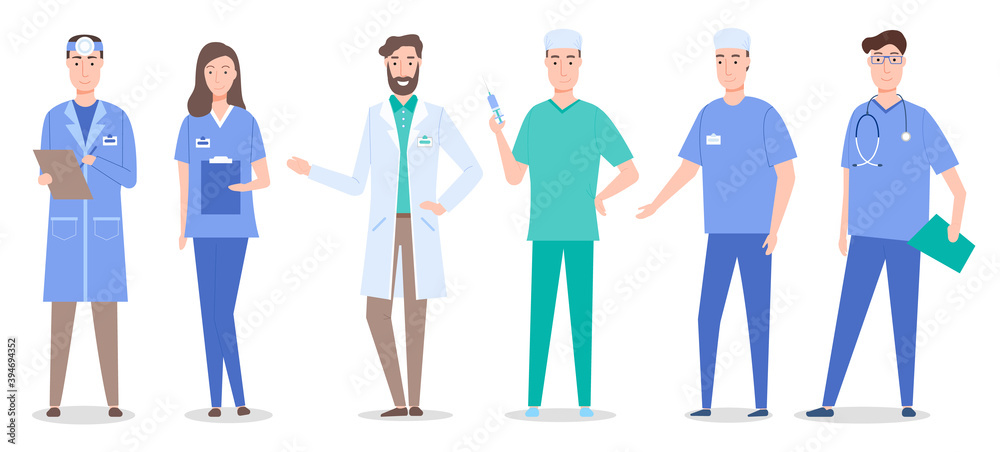 Collective of doctors and nurses characters set flat style. Medical people group icon on a white background vector illustration. Medical professional workers man and woman wearing special clothes Collective of doctors and nurses characters set flat style. Medical people group icon on a white background vector illustration. Medical professional workers man and woman wearing special clothes