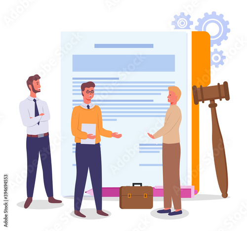Male lawyer holding document congratulates the partner businessman on a successful transaction. Businessmen and big paper document with wooden brown judge gavel. Law and justice system concept