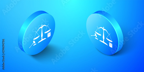 Isometric Scales of justice, gavel and book icon isolated on blue background. Symbol of law and justice. Concept law. Legal law and auction symbol. Blue circle button. Vector.