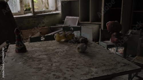 Picture like in a horror film. shot at terrible abandoned school and kindergarten. Video from Pripyat town in the Chernobyl zone. Ukraine 2020