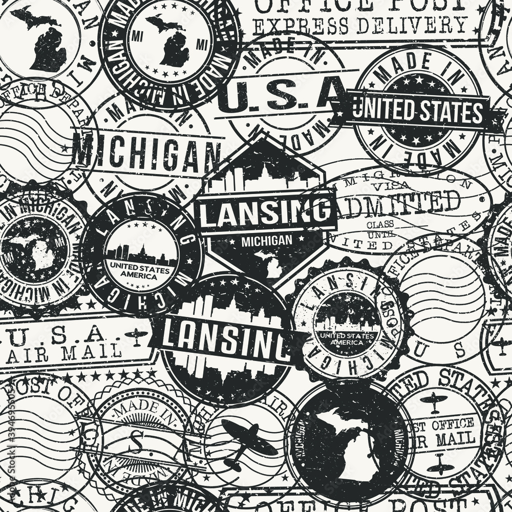 Lansing, MI, USA Stamps Background. A City Stamp Vector Art. Set of Postal Passport Travel. Design Set Pattern.