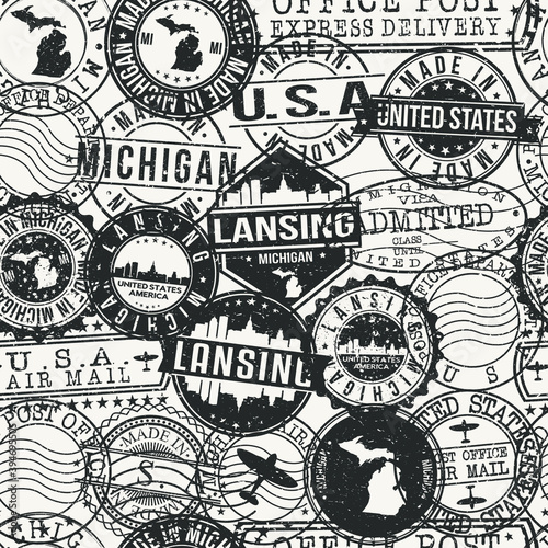 Lansing, MI, USA Stamps Background. A City Stamp Vector Art. Set of Postal Passport Travel. Design Set Pattern.