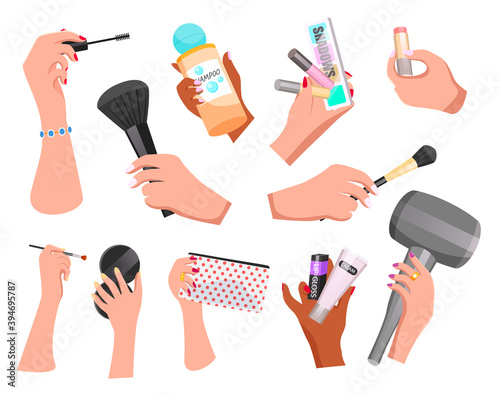 Makeup cosmetic supplies icons vector illustration. Elegant womens hand holding a cosmetic accessories on white background. Cosmetics products concept. Makeup products, face and hair care set