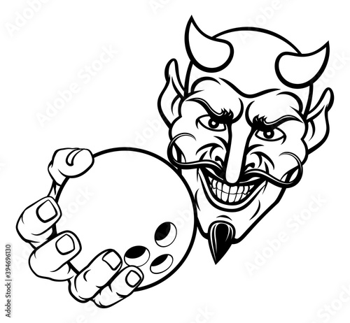 A devil or satan ten pin bowling sports mascot cartoon character holding a ball