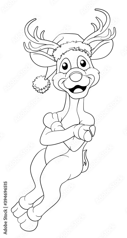 Christmas reindeer in Santa Hat cartoon character in relaxed position. With space behind for item or sign to be leaning on. In black and white outline like a coloring book page.