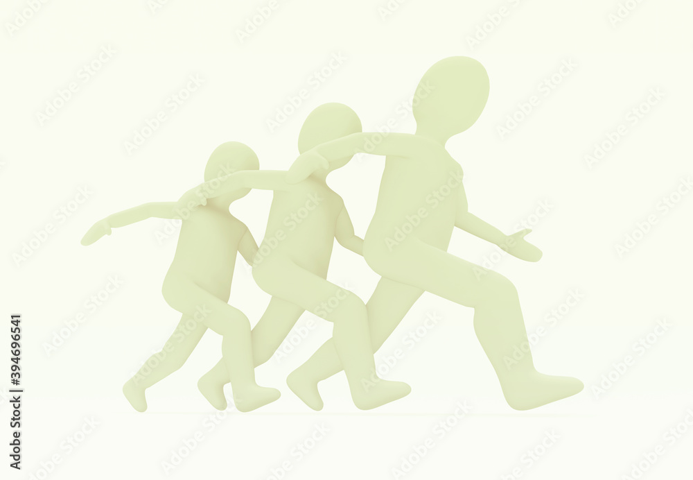 3d illustration of men is running, three men in a hurry on white background