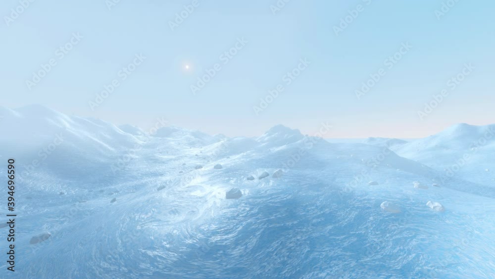 3D animation of a frozen arctic landscape with a clear sky and sunlight. 3D animation of a frozen arctic landscape with a clear sky and sunlight.