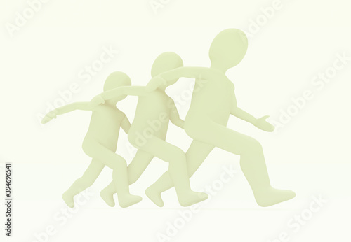 3d illustration of men is running  three men in a hurry on white background