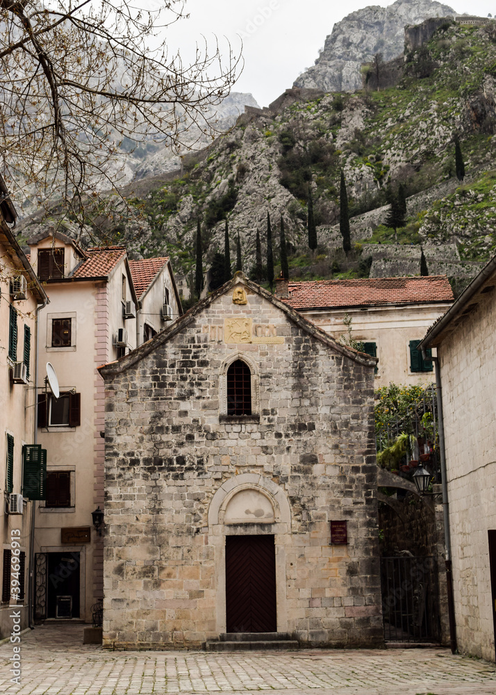 Facade of Saint Michael Church, in Kotor old city. Montenegro.
