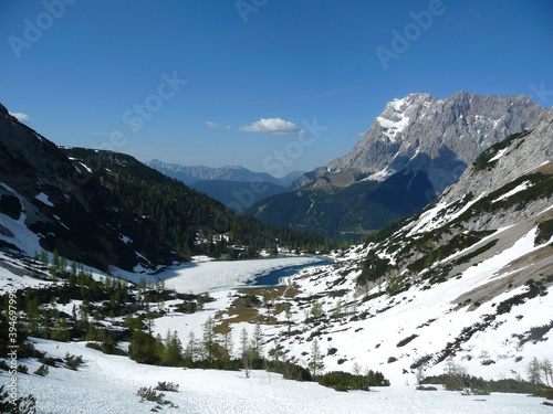 Mountain hiking tour to Seebensee lake, Zugspitze, Tyrol, Austria