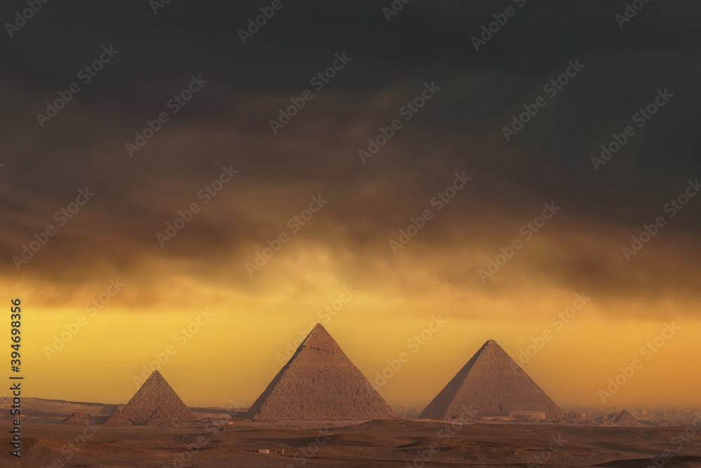 Sunset at the Pyramids, Giza, Cairo, Egypt.