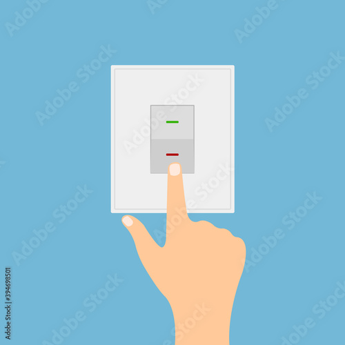 Hand pushing a button, turn on the light. Electronic light switch. Vector illustration. Flat design