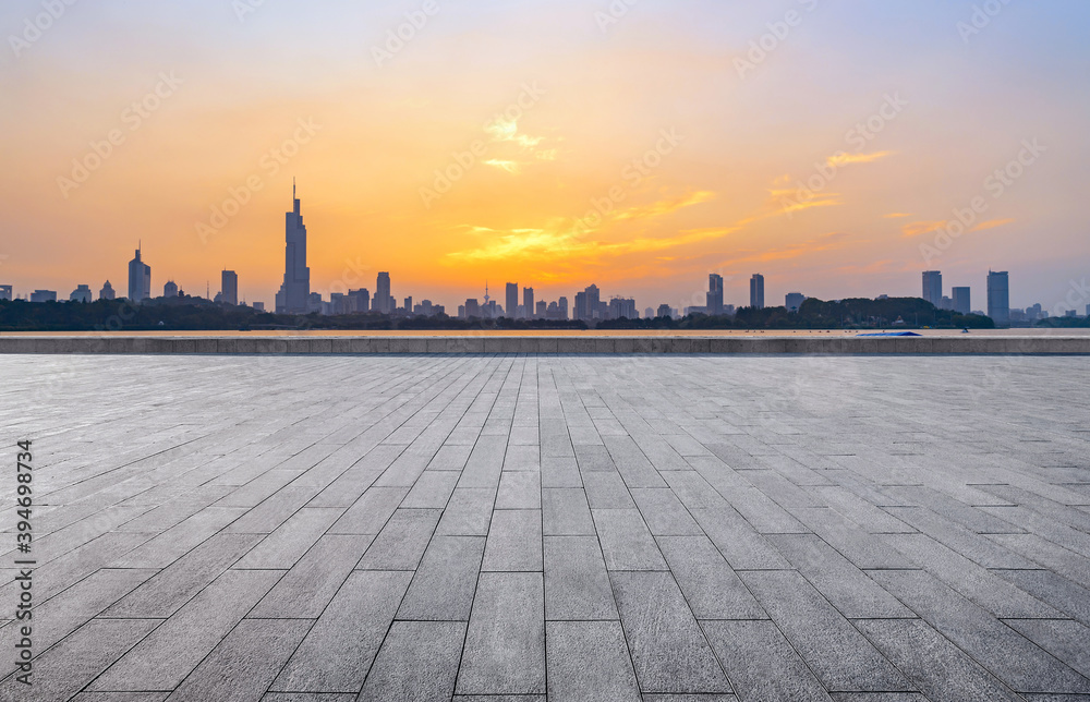 Empty square floor and Nanjing city scenery, China