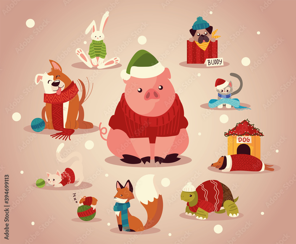 christmas cute animals with winter clothes hat and scarfs