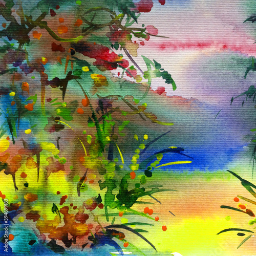 Watercolor colorful bright textured abstract background handmade . Mediterranean landscape . Painting of  vegetation of the sea coast   made in the technique of watercolors from nature