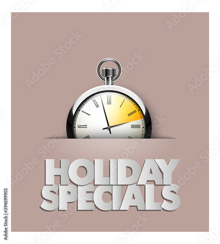 Holiday specials sale ever pocket watch banner. Informational poster timer sales discounts. Chronometer background super sale. Time sale banner & clock icon. Abstract advertising watch discount poster