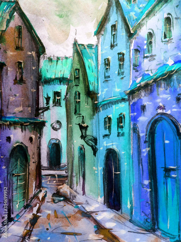 Fototapeta Naklejka Na Ścianę i Meble -  Watercolor colorful bright textured abstract background handmade . Mediterranean landscape . Painting of architecture of the old medieval town, made in the technique of watercolors from nature