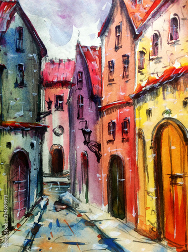 Fototapeta Naklejka Na Ścianę i Meble -  Watercolor colorful bright textured abstract background handmade . Mediterranean landscape . Painting of architecture of the old medieval town, made in the technique of watercolors from nature