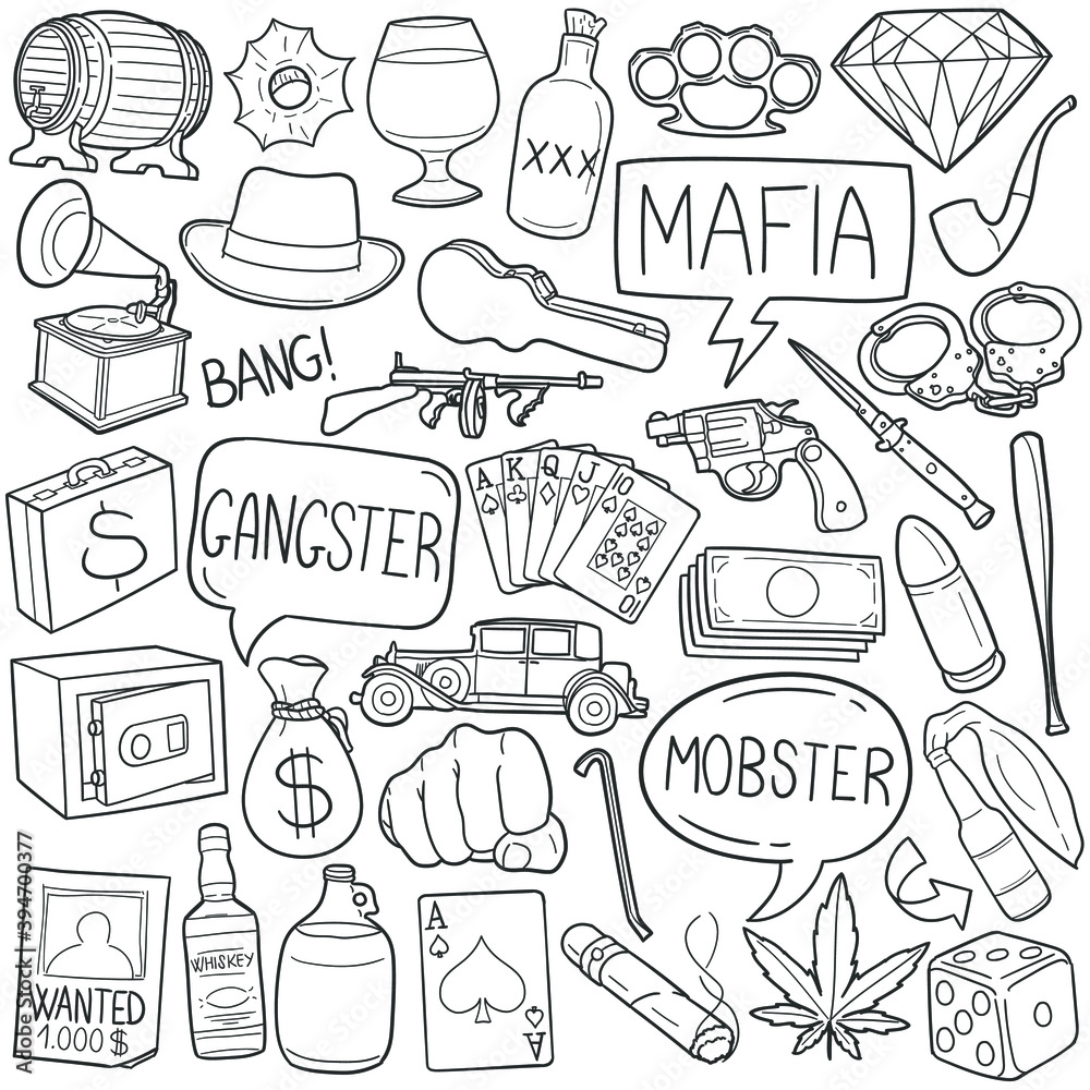 Gangster doodle icon set. American Mafia Vector illustration collection