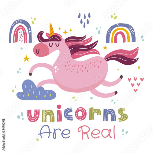 Kawaii cute unicorn illustration and unicorn are real quote in scandinavian stye