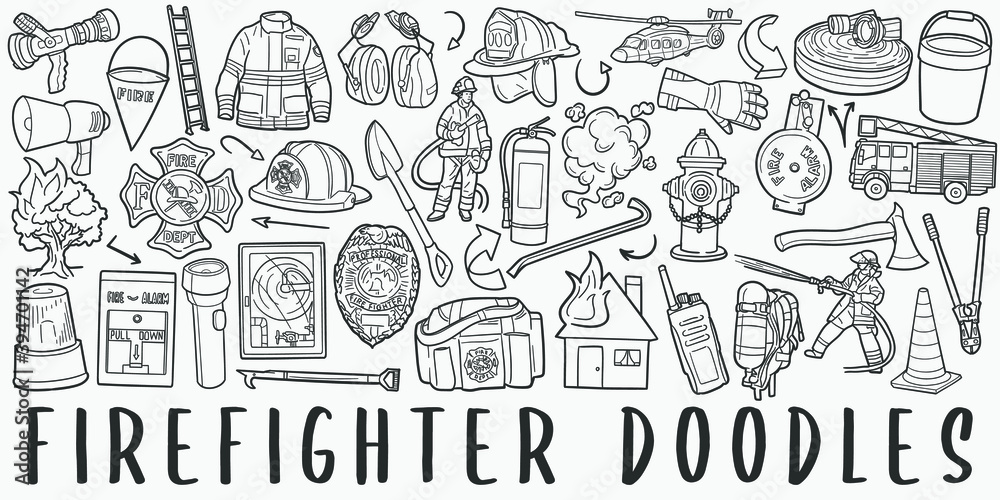 Firefighter doodle icon set. Fire Style Vector illustration collection. Banner Hand drawn Line art style.