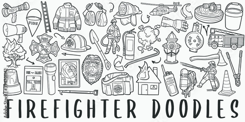 Firefighter doodle icon set. Fire Style Vector illustration collection. Banner Hand drawn Line art style. © josepperianes