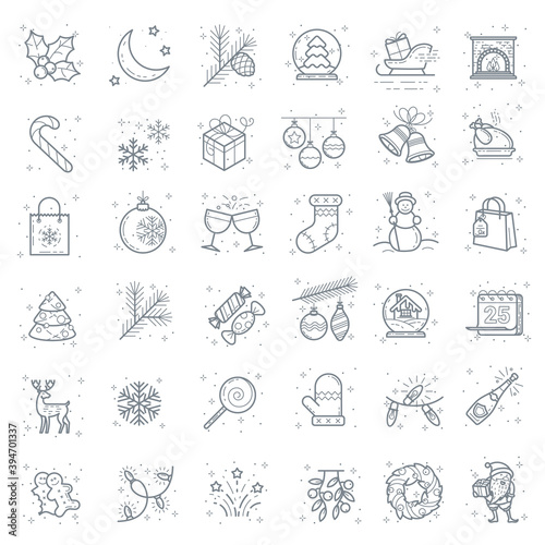 Flat design Christmas line icon vector set. New year signs for web design and mobile app. Outline style pictogram collection.