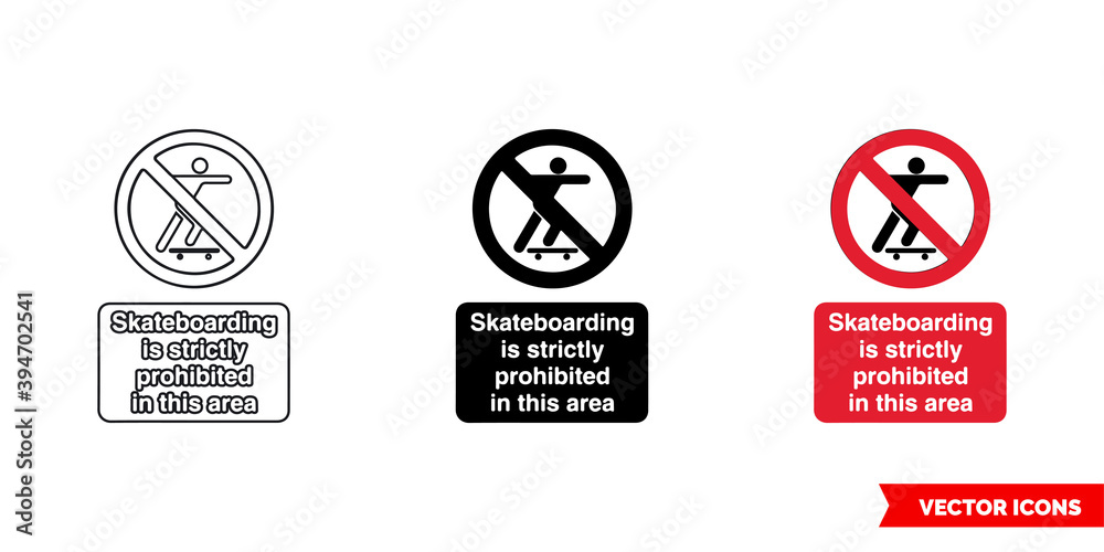 Skateboarding is strictly prohibited in this area prohibitory sign icon of 3 types color, black and white, outline. Isolated vector sign symbol.
