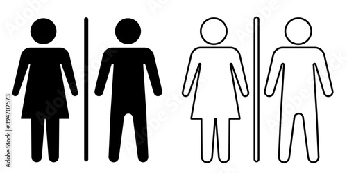 Silhouette of a man and a woman. Couple outline icon. Articles symbol, marriage silhouette, toilet icons, romantic icon isolated on white background. Flat style. Vector