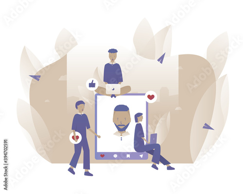 Social Media. People give feedback on new post in applications. Vector illustration with Web communication idea for telework, remote working, social media