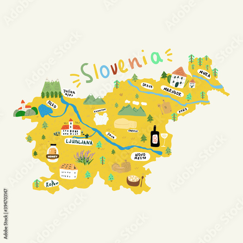 Handdrawn map of Slovenia in vector colorful style. Cartoon map. Illustrated map of Slovenia. Travel illustration. Tourism concept. 