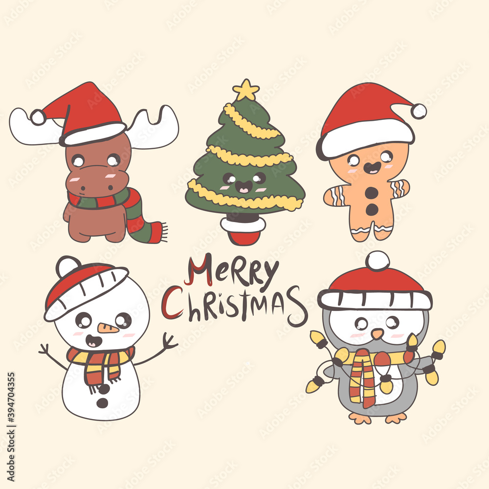 Cartoon merry christmas card with snowman, cookies, deer, owl and a Christmas tree Cartoon merry christmas card with snowman, cookies, deer, owl and a Christmas tree