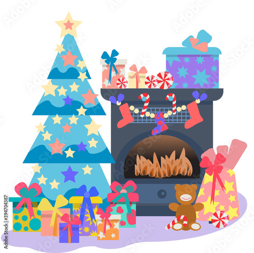 Christmas concept. Christmas tree near the fireplace, surrounded by gifts, sweets and toys. Interior of a room decorated for the new year. Cozy house. Vector illustration in flat style. photo