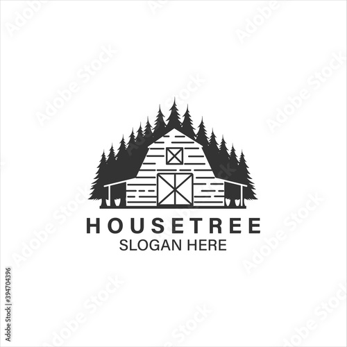 house tree line art logo illustration vector template design, barn house logo design