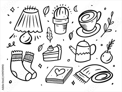 A set of cozy home elements in black and white, doodle style illustrations.