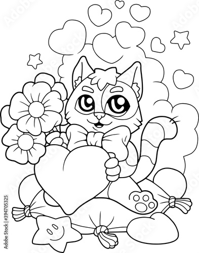 cartoon cute kitten with flowers, coloring book, funny illustration