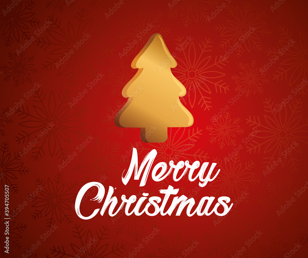 happy merry christmas lettering card with golden tree vector illustration design