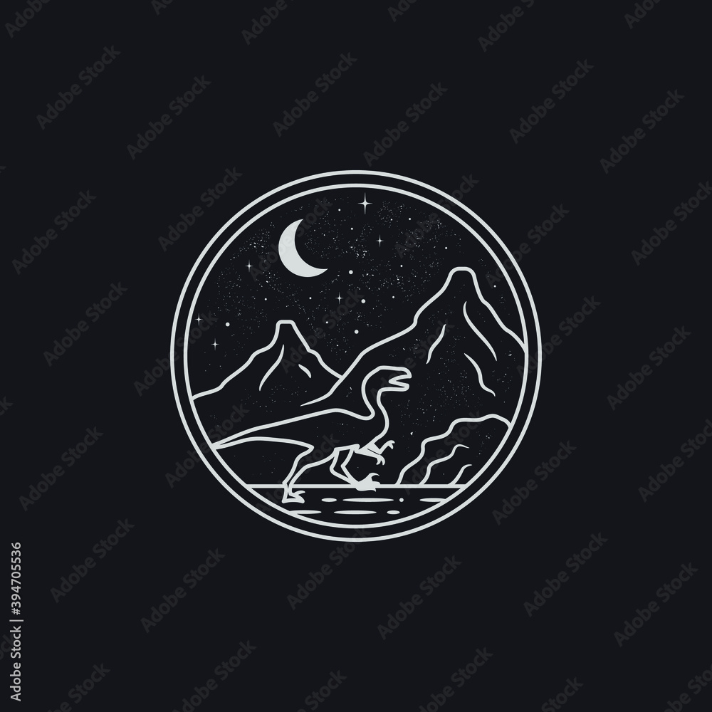 vector of raptor and mountain in the night mono line illustration. good for your logo, sticker, or merchandise usage. vector of raptor and mountain in the night mono line illustration. good for your logo, sticker, or merchandise usage.