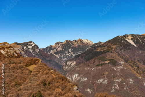 Mountain Range of the Monte Carega, called the small Dolomites, view from the Lessinia Plateau (Altopiano della Lessinia), Verona province, Veneto, Italy, Europe.